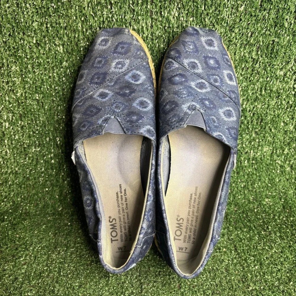 TOMS Alpargata Rope Espadrille Ikat Print Boho Slip On Flat Shoe Blue Womens 7